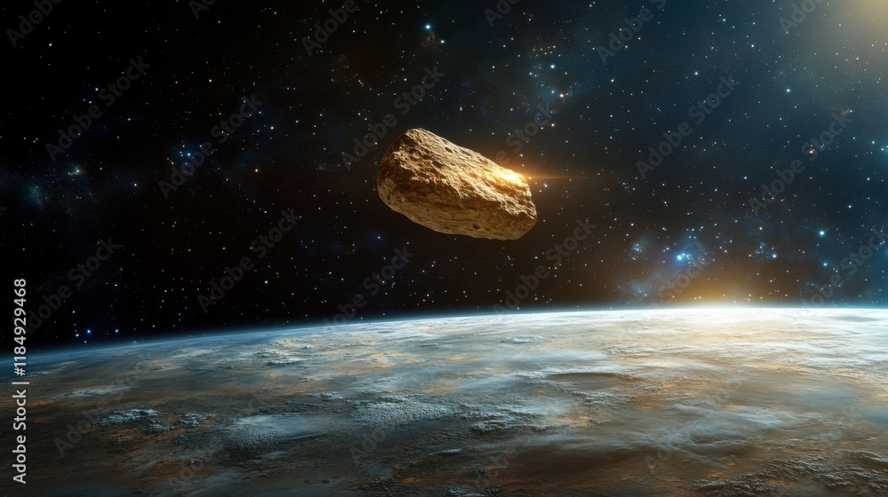 Poster a distant asteroid glowing in space, hovering above a beautiful view of earth, creating a sense of c