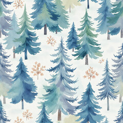 Watercolor illustration of seamless pattern with trees, tree pattern, pattern of trees