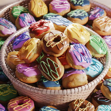 Canasta llena de azucaradas y decoradas donas de muchos sabores y colores.