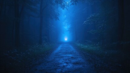 Mystical blue forest path at night.