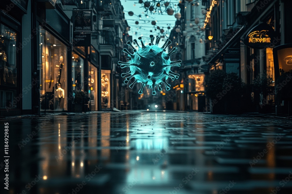Poster Urban street reflects quiet solitude with a striking virus motif hovering above in an empty cityscape. Generative AI