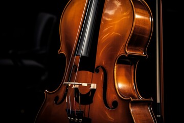 Fototapeta premium Polished cello standing in a dark room with its bow, strings and bridge glowing in the spotlight