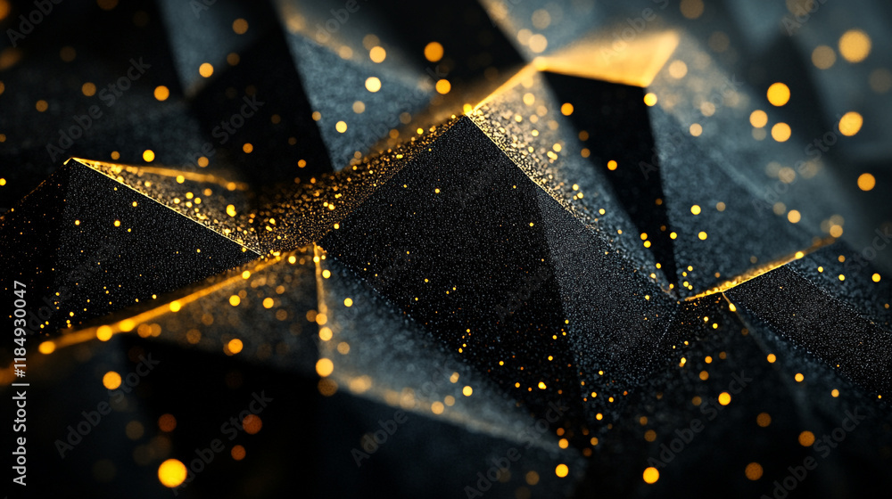 Poster abstract black and gold background with shimmering particles and geometric shapes