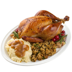 turkey with mashed potatoes and stuffing and gravy on transparent background