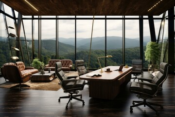 Fototapeta premium Luxurious office space with large windows showcasing breathtaking mountain views, creating a serene and inspiring work environment