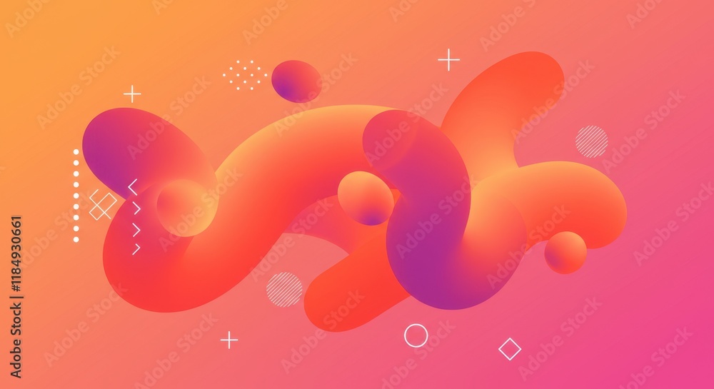 Poster abstract fluid shapes on vibrant gradient background with geometric elements