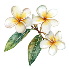 A watercolor vector of a plumeria branch, isolated on a white background. Plumeria vector.
