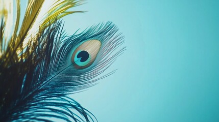 Obraz premium Close up of a vibrant peacock feather against a light blue background