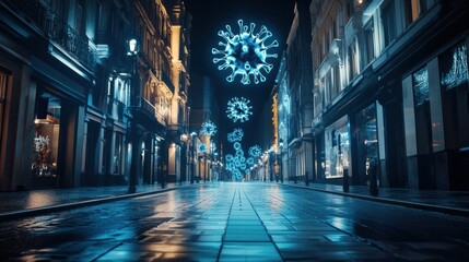Empty urban street illuminated with symbolic virus motifs at night creating an eerie yet thought provoking atmosphere. Generative AI