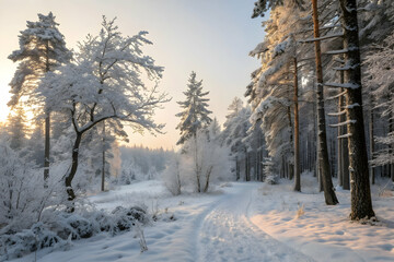 Naklejka premium Serene Winter Forest Path with Snow-Covered Trees at Sunrise