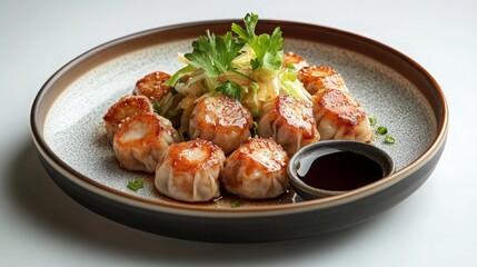 Fototapeta premium A plate holds perfectly cooked scallop dumplings arranged around a portion of sautéed cabbage, accompanied by a small bowl of dipping sauce. Fresh herbs add vibrant color