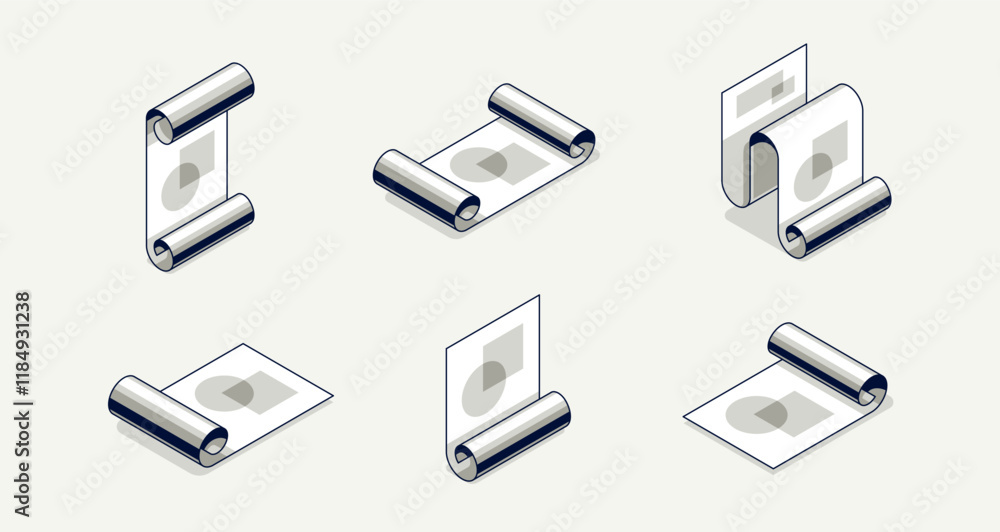 Poster engineering project concept set, paper document blueprint engineer work job vector 3d isometric illu