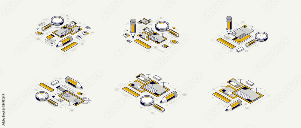 Poster engineering project concept set, paper document blueprint engineer work vector 3d isometric illustra
