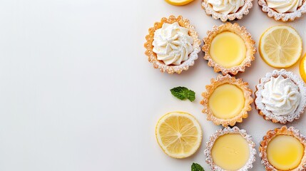 Lemon tartlets on white, mini lemon pies arrangement, whipped cream and lemon slices, dessert flat lay copy space, minimalist food


