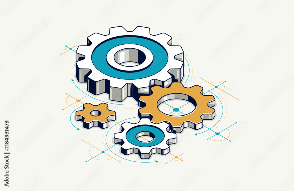 Poster mechanical engineering concept, gears and cogs with project drawing draft isometric 3d vector illust