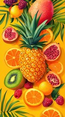 Vibrant Tropical Fruits Arranged on Yellow Background