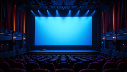 Empty Movie Theater with Red Seats and Blank Screen Generative AI