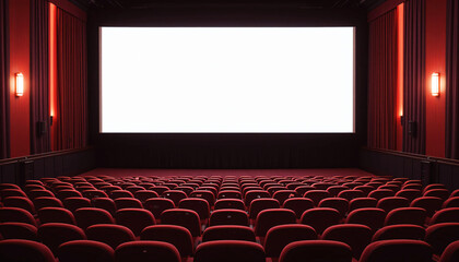 Empty Movie Theater with Red Seats and Blank Screen Generative AI