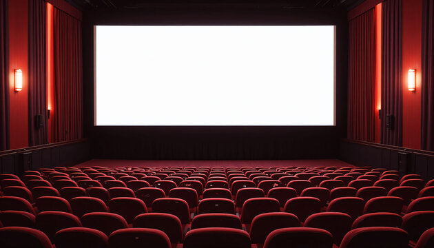Empty Movie Theater with Red Seats and Blank Screen Generative AI - Powered by Adobe