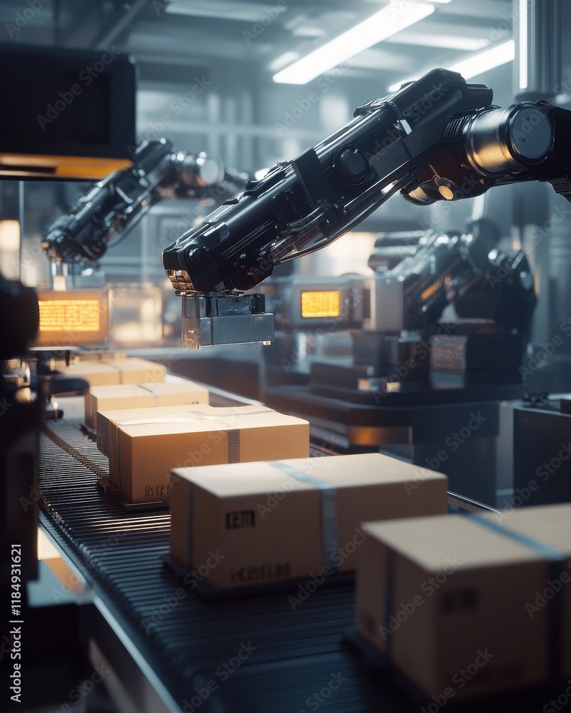 Poster automated robotic arms efficiently handling packages on a conveyor belt in a modern warehouse settin