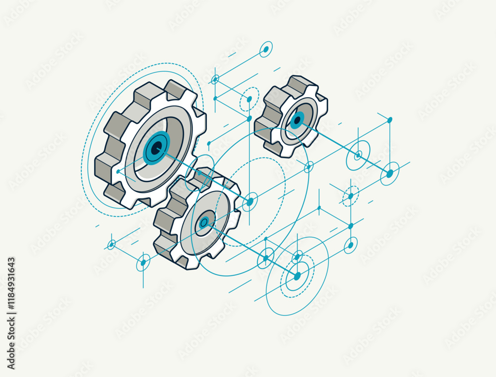 Poster mechanical engineering concept, gears and cogs with project drawing draft isometric 3d vector illust