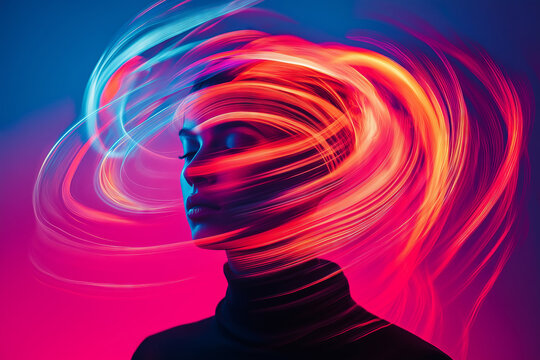 Abstract portrait of a woman figure with multicolored neon light trails swirling around the head, conceptual art style. Futuristic concept of info technology and Ai systems, cyber safety