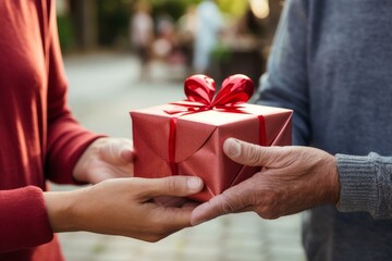 Hands exchanging wrapped red gift box with red bow, celebrating special occasion