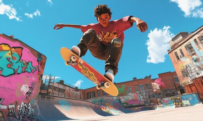 Spirited teenage skater mid-air performing a trick in a vibrant urban skate park with graffiti art in the background