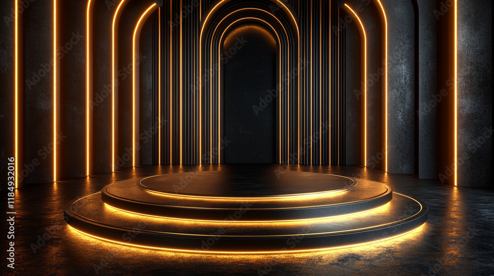 Aufkleber modern illuminated stage with golden lines in a dark setting