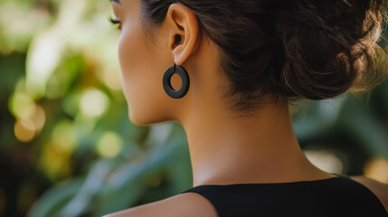 Elegant woman with stunning earrings posing outdoors during golden hour in a serene environment