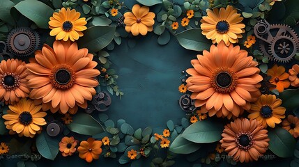 Orange Flowers Gears Teal Background Floral Design