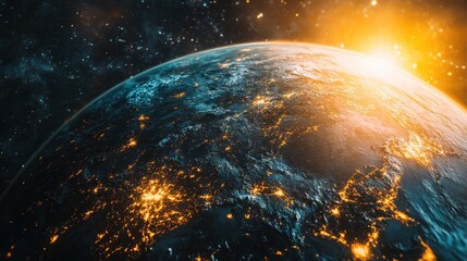 Obraz premium A stunning view of Earth illuminated by city lights against a cosmic backdrop, capturing the beauty of our planet.