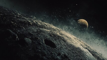 Naklejka premium A stunning view of a textured lunar surface with Jupiter looming in the background amidst cosmic dust.