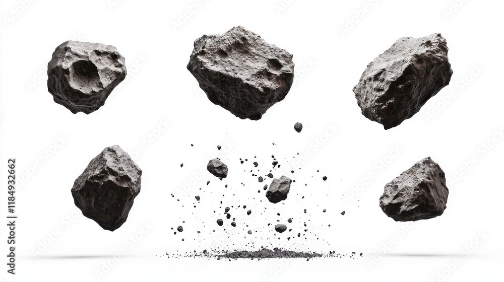 Poster floating rocks in various sizes create a dynamic and abstract composition against a white background