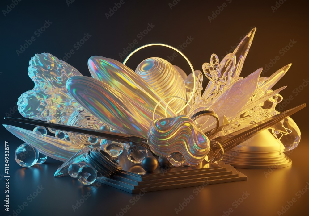 Poster futuristic abstract art with neon iridescent shapes and 3d elements in dynamic lighting