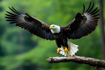 Obraz premium A majestic eagle spreads its wings atop a branch, set against a lush green backdrop, showcasing its powerful presence in nature.