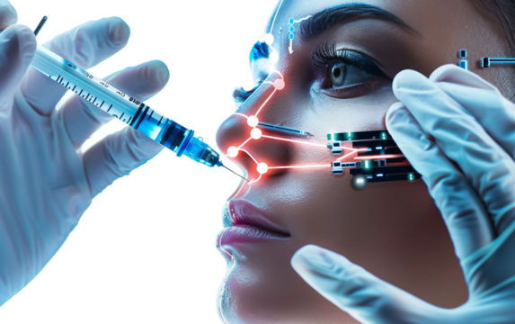 Futuristic Scene of a Person Getting a Cybernetic Implant in a Cutting-Edge Facility Isolated on Transparent Background PNG