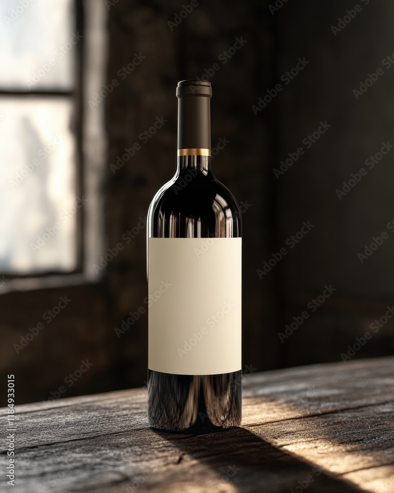 Poster elegant red wine bottle with a blank label sits on a rustic wooden table, illuminated by soft light.