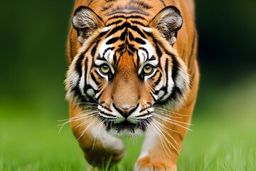 Obraz premium A majestic tiger prowls through lush green grass, showcasing its striking orange and black stripes with an intense gaze.