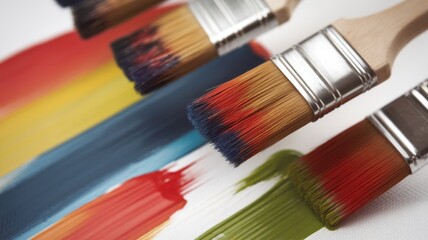 Fototapeta premium Close-up of vibrant paintbrushes with colorful strokes on canvas, showcasing red, blue, green, and yellow hues that inspire creativity.