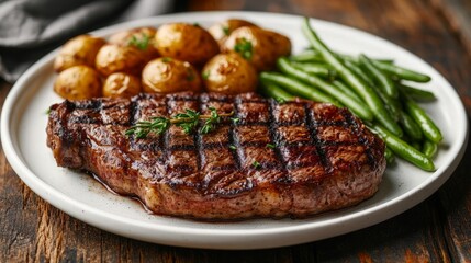 A grilled steak with a perfect char, served with a side of roasted potatoes and green beans on a white plate.