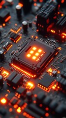 Obraz premium Close-up of glowing computer circuit board with central processor.