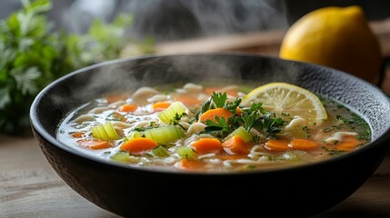 A steaming bowl of chicken noodle soup with carrots, celery, and noodles, garnished with herbs and a slice of lemon.