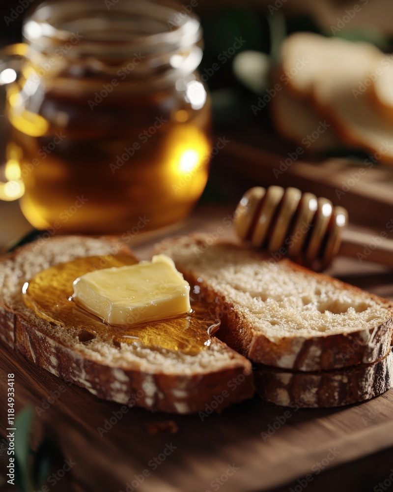 Aufkleber close-up of rustic bread with butter and honey, creating a warm and inviting breakfast scene.
