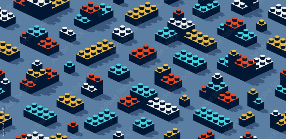 Poster toy constructor seamless pattern, isometric vector toy bricks tiling wallpaper, children game constr