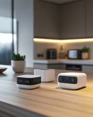 Modern black and white smart home devices on a sleek kitchen countertop in a bright, minimalist setting.