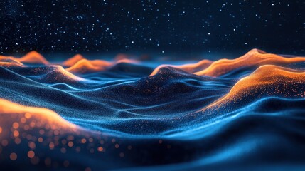 Abstract landscape of illuminated blue and orange waves against a starry night sky.