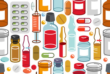 Medicine seamless background, vector medical pills and bottles tiling wallpaper, drugstore and pharma endless pattern, elements easy to use separately as icons or illustrations.