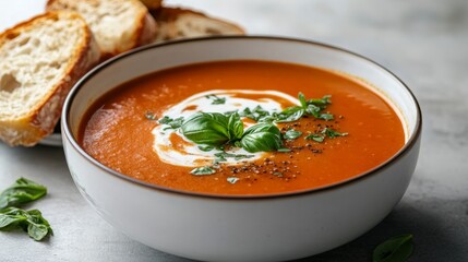 A bowl of tomato soup with a swirl of cream and fresh basil leaves, served with a side of crusty bread.