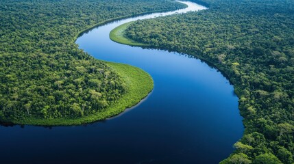 Fototapeta premium Aerial view of a meandering river flowing through lush green rainforest.